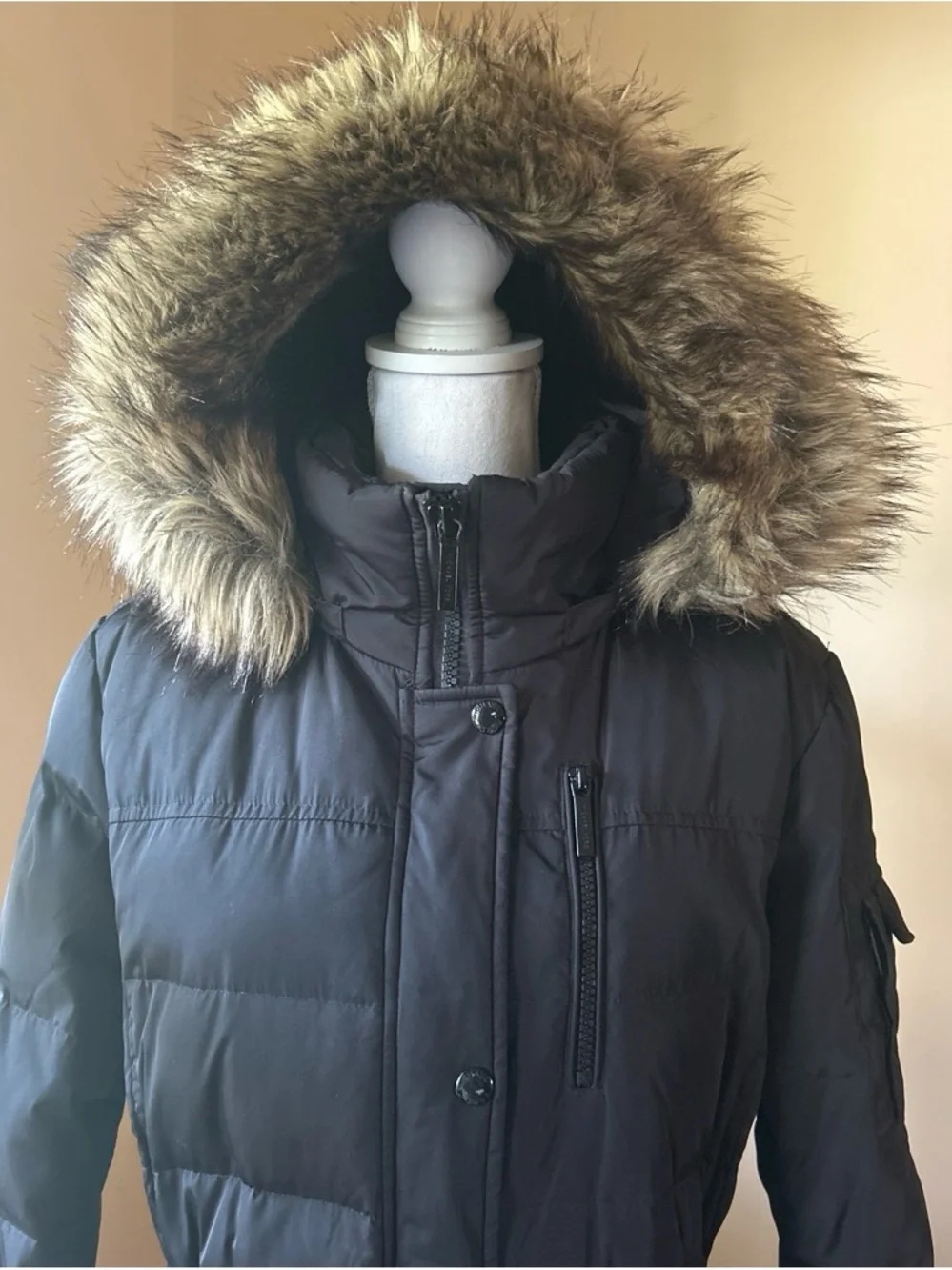 Michael Kors Long Down Puffer Coat-Faux Fur Detachable Hood-Belted, Black Size L
